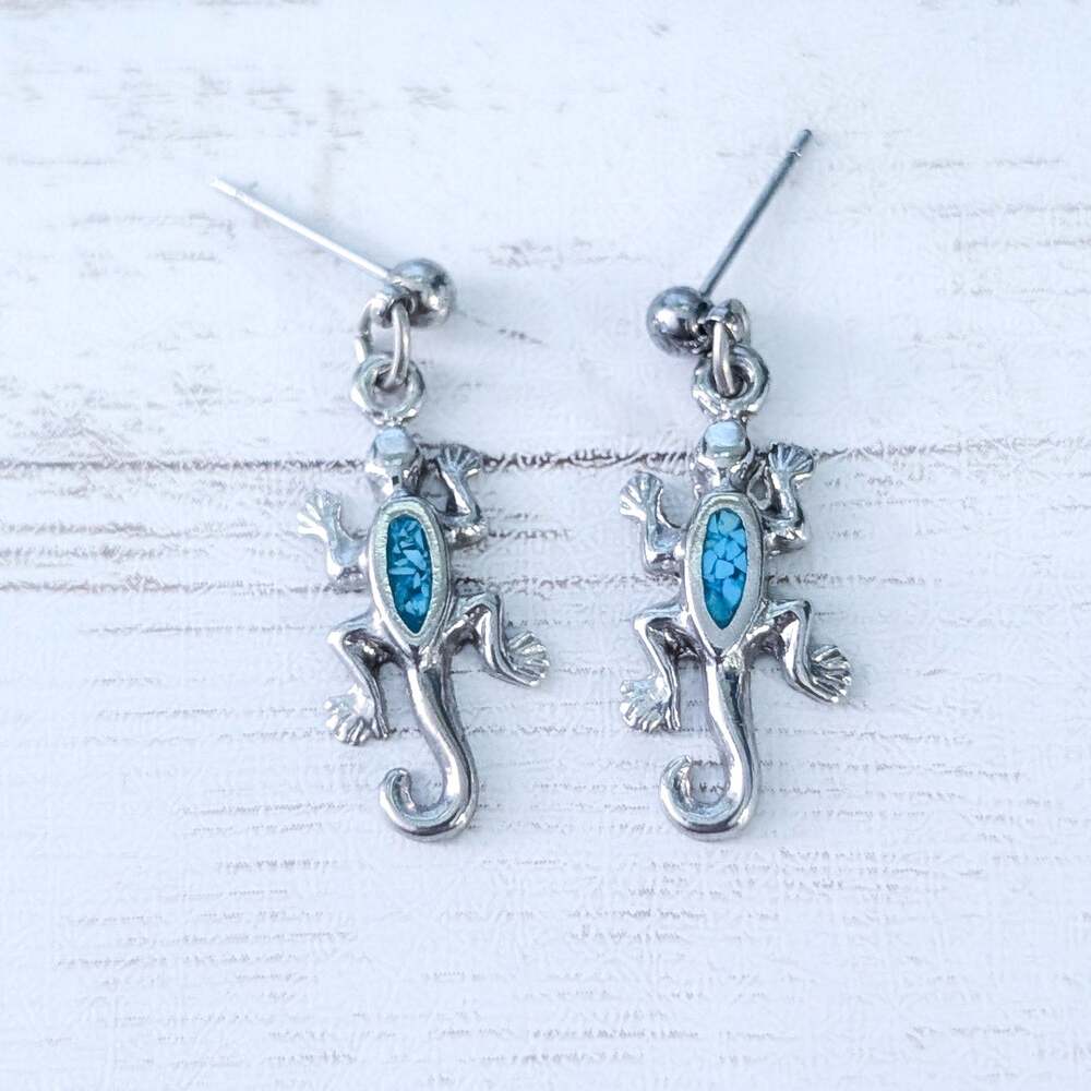 Vintage Stud Earrings - Silver Tone with Turquoise Tone Lizard Gecko?